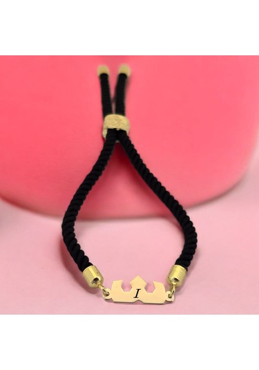 I Harfine Özel Taç Figürlü 14 Ayar Altın Plakalı Siyah İpek Örgülü Hediye Bileklik-507harf I