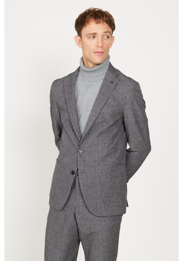 AC&Co / Altınyıldız Classics Erkek Siyah-füme Slim Fit Dar Kesim Mono Yaka Seyahat Çantalı Desenli Takım Elbise Siyah - Füme