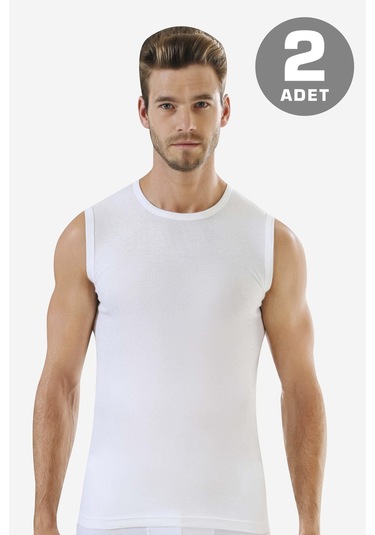 Erkek Pamuklu Beyaz Tişört Sıfır Kol Sıfır Yaka Kolsuz Atlet 2'li Paket Beyaz