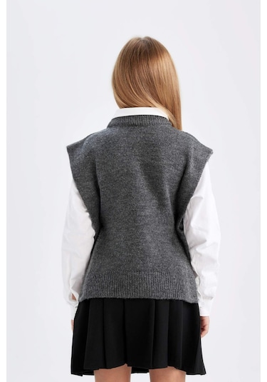 DeFacto Kız Çocuk Bisiklet Yaka Düz Triko Süveter C9660A824WNAR84 Antrasit