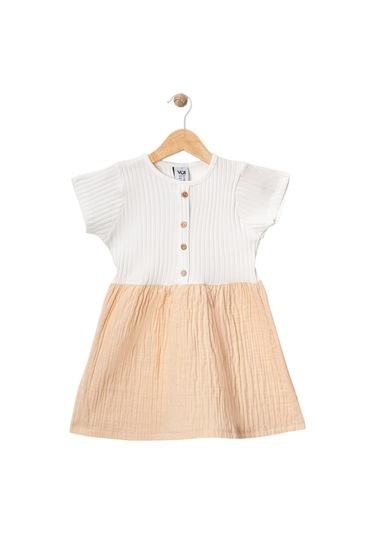 Raporlu Düğmeli Müslin Elbise Bej