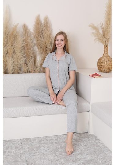 Gri Renk Biyeli Pamuklu Uzun Kol Pijama Takımı Gri