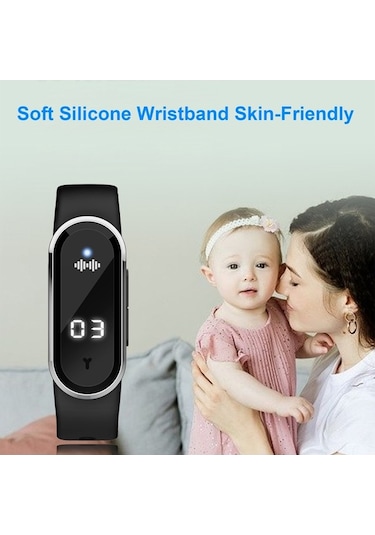 Fortunelane Siyah Akıllı Ultrasonik Sinek Kovucu Bileklik, Fiziksel Koruma, Üç Seviye Ayar, Saat, Hamile Bebeğe Uygun