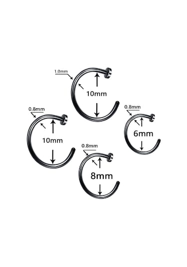 Sones 5 Adet Paslanmaz Çelik Burun Halkası Deliksiz C Şeklinde Burun Zımbası Dudak Bandı Küpe, Boyut: 0,8 X 8+2 Siyah