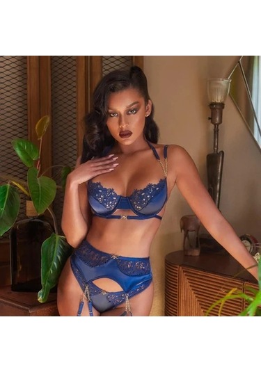 New Dreams Modern Şık Dikkat Çekici Saks Jartiyer Gecelik Kombin Set Siyah