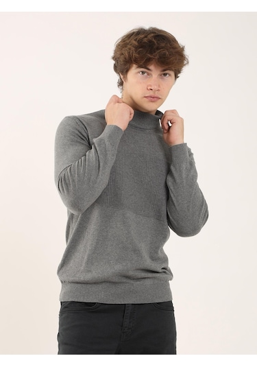 Dufy Gri Melanj Erkek Regular Fit Dik Yaka Triko - 90649 Gri Melanj