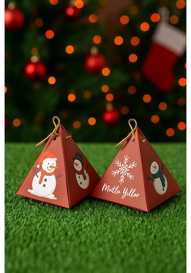 Kırmızı Kardan Adam Konsept 10'lu Piramit Kutu - Hediye Kutusu - Yılbaşı Kutusu - Yılbaşı Hediyesi