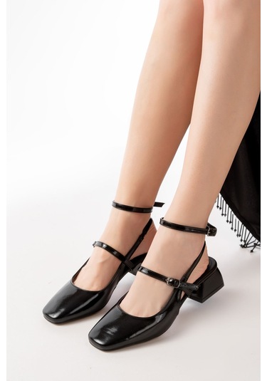 St-003 Siyah Rugan Günlük 4 Cm Topuklu Bayan Ayakkabı Renksiz