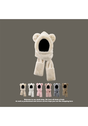 Sunnystore - Ayı Kulaklı Şapka Atkı ve Eldivenlerin Hepsi Tek Bir Tarzda L012- Kirli Beyaz