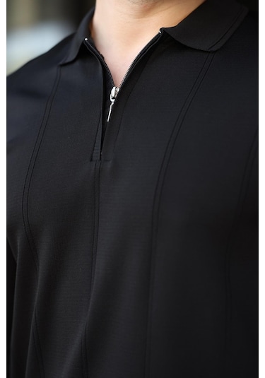 Siyah Polo Yaka Fermuarlı Erkek Kazak E7427 Siyah