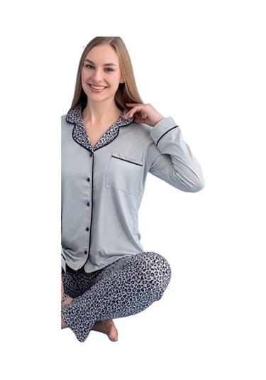 Berna Collection Kadın Pijama Takımı Düğmeli Yumuşak Dokulu Esnek Füme