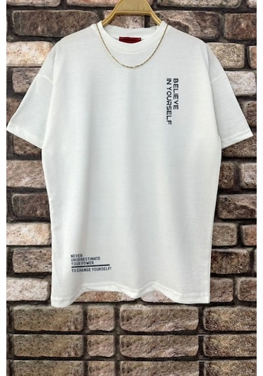 Erkek Belive İn Yourself Baskılı Oversize Tshirt Beyaz