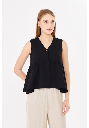Sortie Collection V Yaka Tek Düğmeli Peplum Siyah Keten Bluz