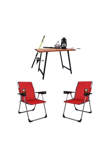 Alin Metal Kamp Sandalyesi 2''li Lüks Bardaklı Kamp Sandalyesi Ve Masa Set Fgt-04 Kirmizi Kırmızı