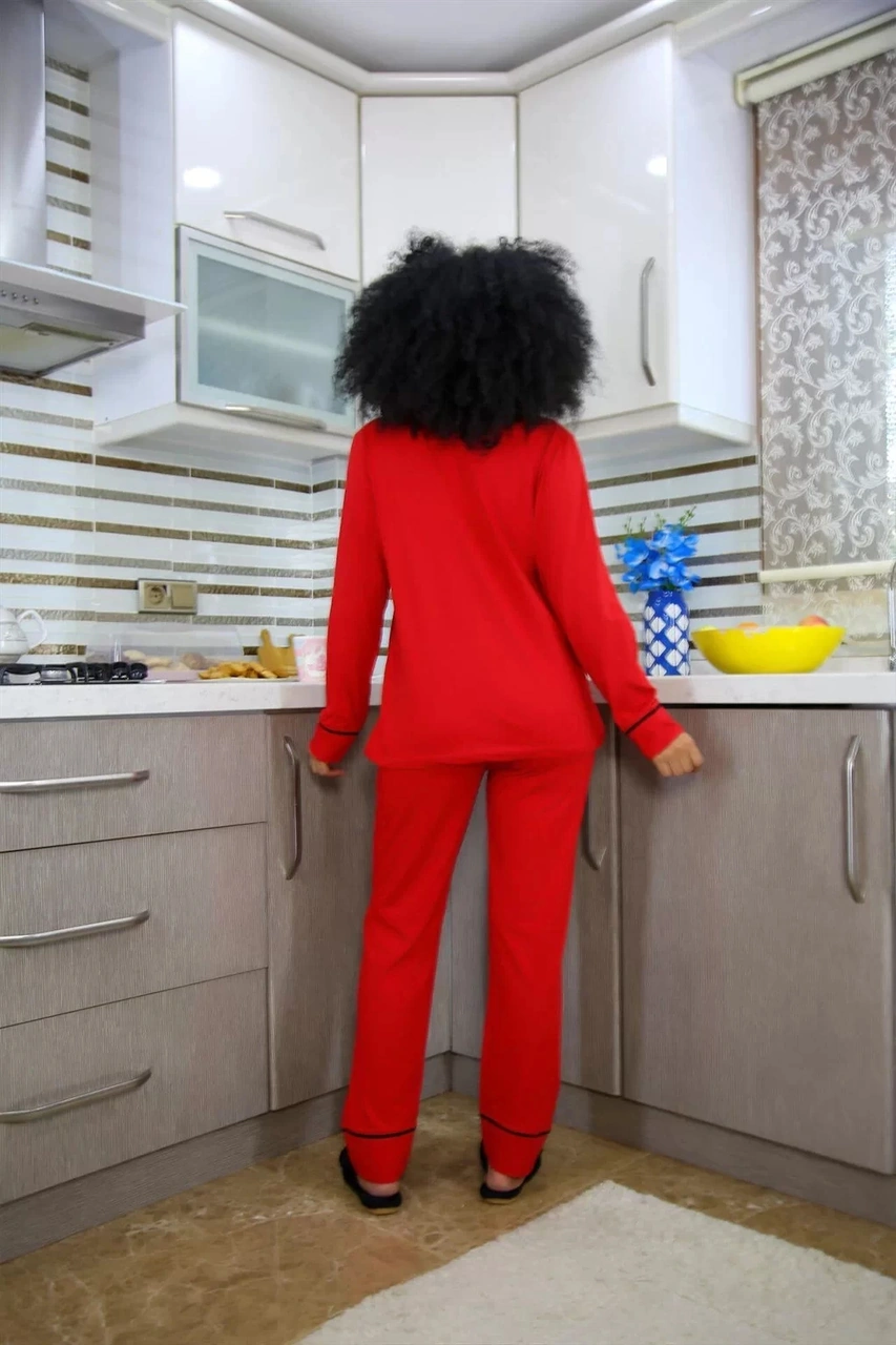 Moda Kadın %100 Pamuk Penye Önden Düğmeli Uzun Kol Pijama Takım Kırmızı Kırmızı