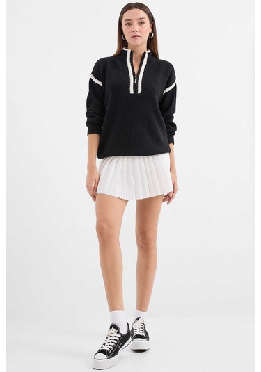 Gabria Fermuarlı Şeritli Kazak Siyah