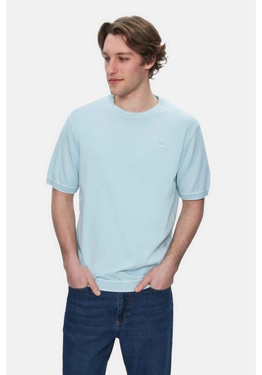 Fared Gök Mavi Bisiklet Yaka Triko Nakışlı Standard Fit Erkek Tshirt Gök Mavi