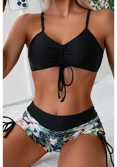 Angelsin Büzgü Ayarlı Baskılı Bikini Takımı Siyah