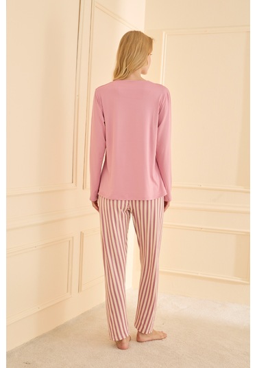 Mihra Kadın Pijama Takımı Uzun Kol Mevsimlik Pembe