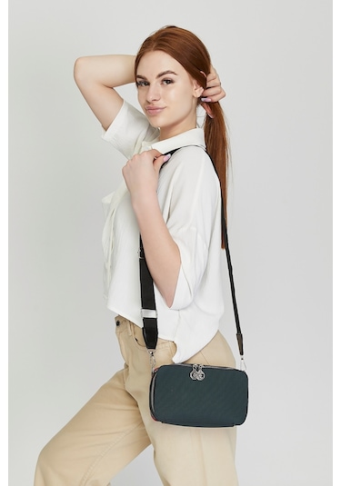 Morpelikan Yeşil Kabartma İki Bölmeli Kadın Omuz Çantası Yeşil