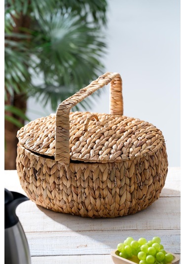 Acar Wicker Kapaklı Hasır Piknik Sepeti - 38 Cm Kahverengi