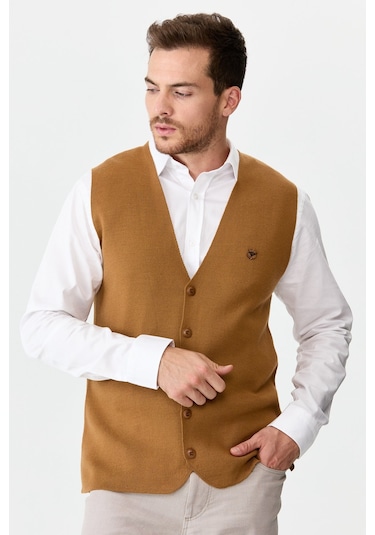 Erkek İnce Triko Düz Yelek Camel Camel