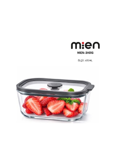 Mien 470 Ml Sızdırmaz Kapaklı Cam Saklama Kabı Antrasit Gri Şeffaf