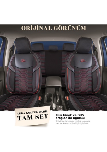 Panda Berlin Serisi Jakar Kumaş Oto Koltuk Kılıfı - Siyah - Kırmızı