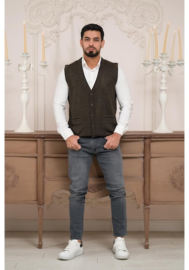 Woolen World Regular Fit Ön Cepli Kolsuz Erkek Triko Yelek Kahverengi