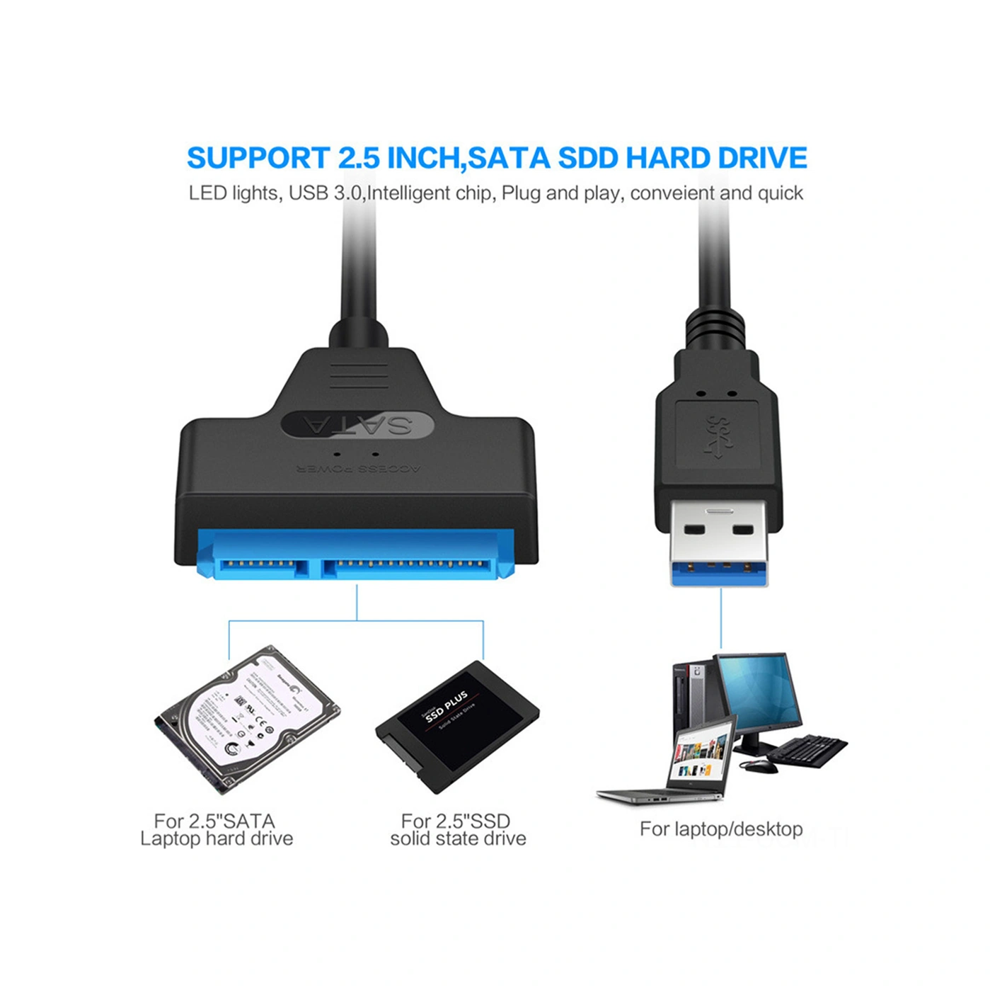Qingmipy 2.5 İnç Sata Hdd/ssd İçin Usb 2.0/3.0/usb-c Dönüştürücü Kablosu - Jms578 Çipi, 6gbps Hız, Bakır Çekirdekli, Siyah