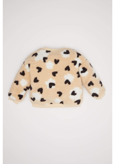 DeFacto Kız Bebek Bisiklet Yaka Kalp Desenli İçi Yumuşak Tüylü Welsoft Pelüş Sweatshirt D6196A5NSBG744 Bej