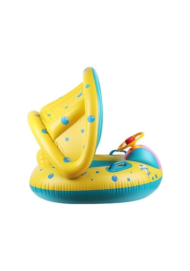 Qingmipy Bebek İçin Güneşlikli Yüzme Simidi - Döner Direksiyonlu, 0-3 Yaş Güvenli Yüzme Oyuncağı Sarı - Mavi