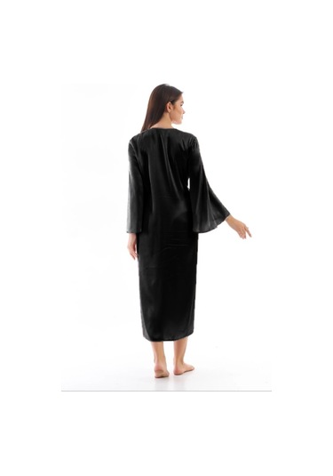 Laperissa Kadın Siyah Saten Dokuma Sabahlık Beyaz Kuşaklı Şık Ve Zarif Ev Giyim Siyah