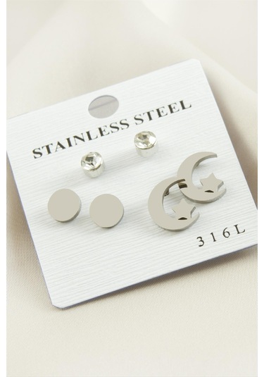 6 Adet Ay Yıldız Taşlı Çelik Küpe 0411 Gümüş