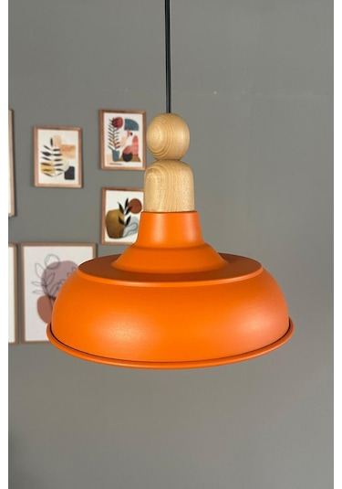 Doria Turuncu Tekli Kalın Ahşap Boncuk Başlık Avize Retro Sarkıt Showroom Salon Mutfak Avizeleri Turuncu