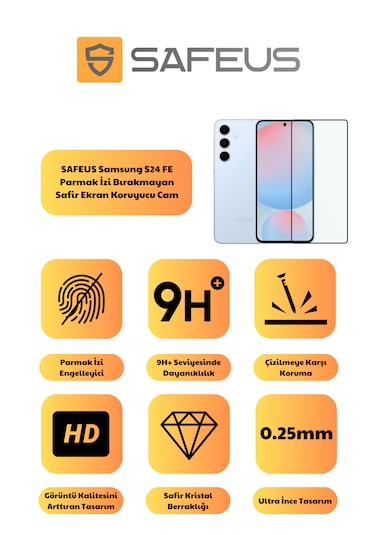 Safeus Tam Kaplayan Parmak İzi Bırakmayan Safir Ekran Koruyucu Cam , Samsung S24 Fe İle Uyumlu