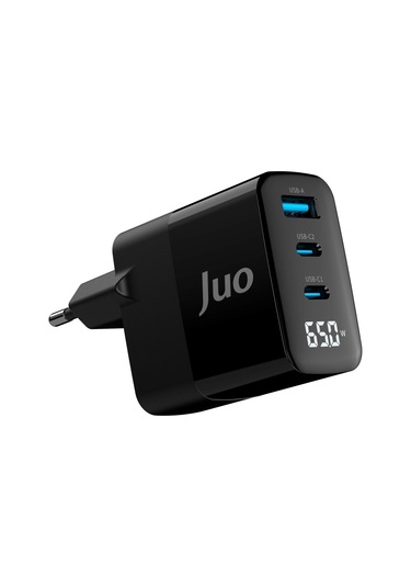 Juo 65W Gan Led Ekranlı Hızlı Şarj Cihazı 2 Type-C + Usb-A iPhone & iPad & Notebook Uyumlu Şarj Aleti