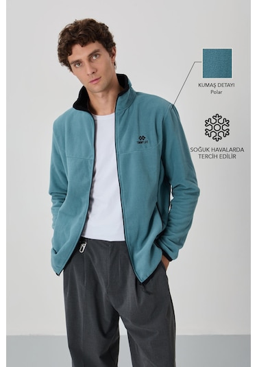 Tommy Life Mint Yeşili Yazı Nakışlı Dik Yaka Fermuarlı Standart Kalıp Erkek Sweatshirt Polar - 87992 Mint Yeşili