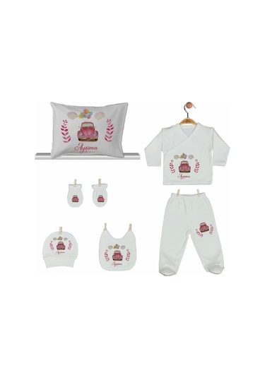 Pia Baby Gl 2010 İsme Özel Arabalı Yastık Zıbın Set Krem