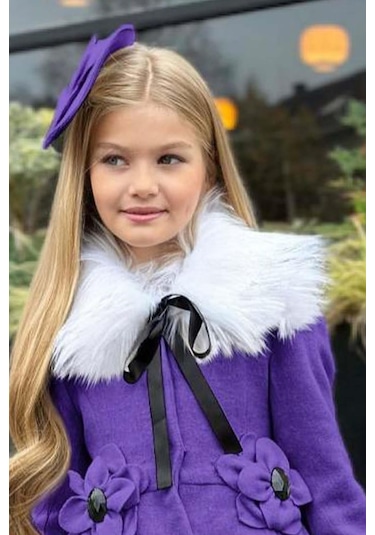 Riccotarz Kız Çocuk Kürk Yakalı Önü Çiçek Ve Elmas Taş Detaylı Mor Kaşe Mor