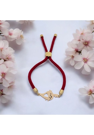 Archin Ş Harfine Özel 14 Ayar Altın Plakalı Minik Kuş Motifli Kırmızı Örgülü Hediye Bileklik-363harf Ş