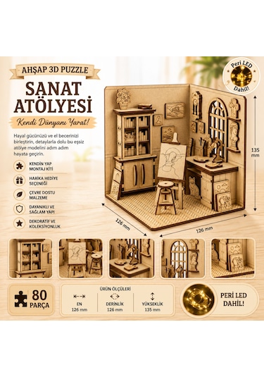 Sanat Atölyesi Ahşap Maket Seti Dıy Miniatür Artist Workshop Peri Led'li 3d Puzzle