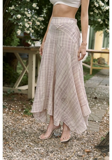 Lila Peigi Çizgili Parçalı Midi Etek Lila