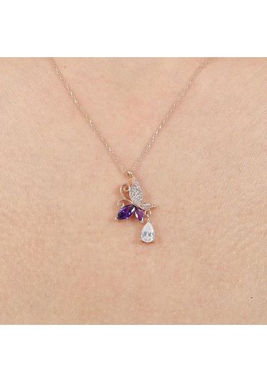 Mia vento Ametist Taşlı Kelebek Parıltısı Rose Renk Gümüş Kolye