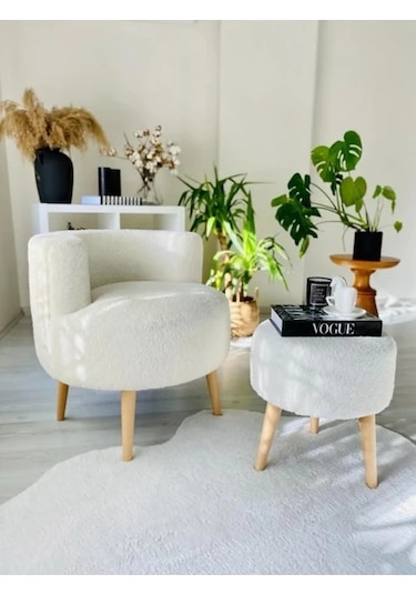 Çay Seti Tekli Koltuk Berjer Ve Puf Takımı Salon, Balkon, Ofis Krem