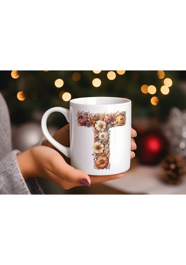 T Harfi Çiçek Desenli Kupa Bardak - Alfabe Harfleri İle Doğal Çiçekli Kupa - Hediye Fikir Beyaz