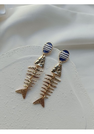 Gold Mavi Detaylı Balık Küpe Altın
