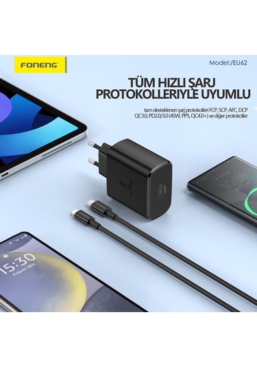Foneng EU62 GaN 45W PD Type-c Girişli Hızlı Şarj Adaptörü Siyah