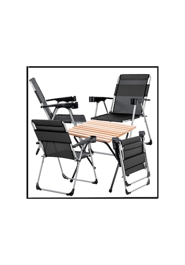 140 Kg Antrasit 4 Adet Katlanır Kamp Sandalyesi Ve Masa Seti - Bardaklıklı -4Rc-A29 Çok Renkli