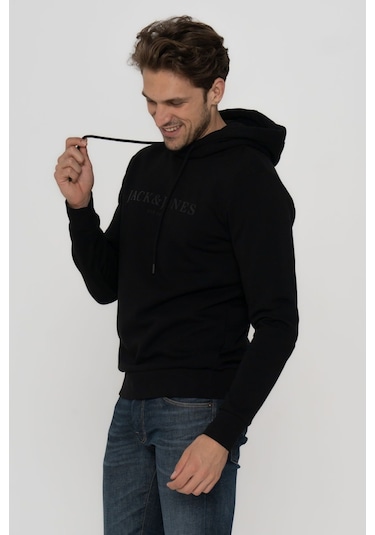 Jack & Jones Erkek Logo Baskili Kapüsonlu Sweatshirt - Luke 12214639 Black Bej